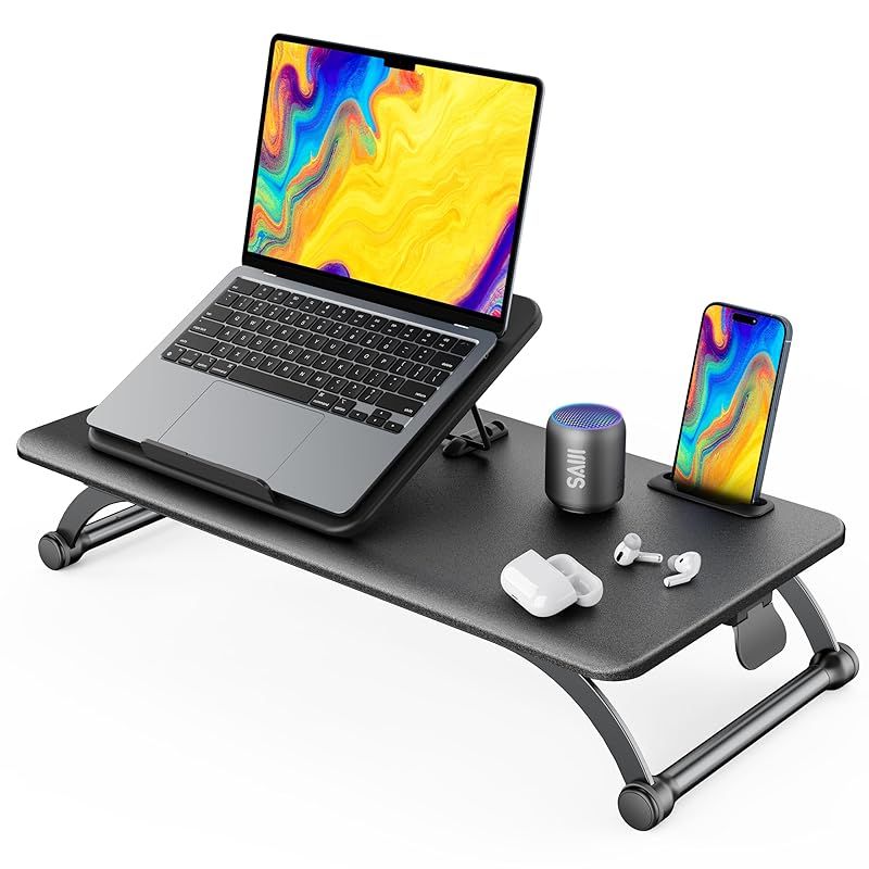 【特価商品】SAIJI スタンディングデスク 卓上 ノートパソコン昇降式テーブル 軽量 6段階折畳みテーブル 机上 天板サイズ56.8×28cm 昇降範囲12～42cm 便利な収納 組立不要 角度調節可能なラップ