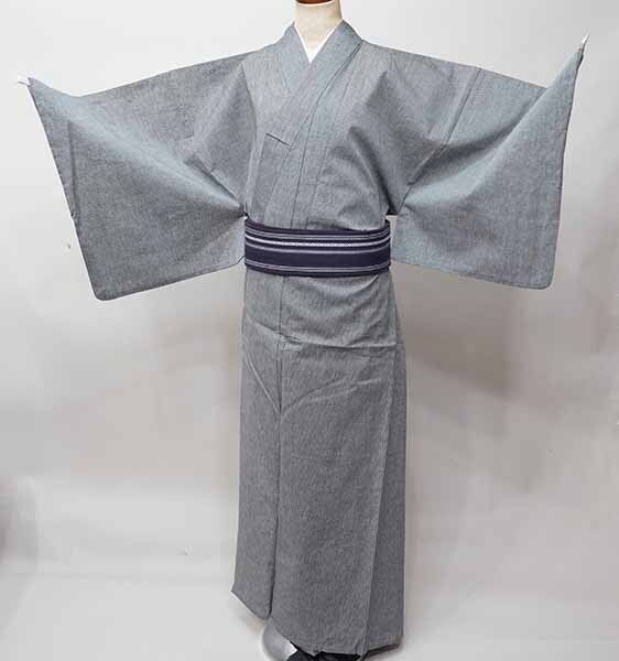 浴衣 帯 下駄 信玄袋 腰紐2本 6点フルセット 男性用 Lサイズ 綿100％ グレー地 縞 夏祭り 花火大会 NO41716-2