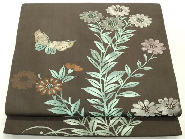 平和屋着物●アンティーク 大正ロマン 両面 太鼓柄京袋帯 花蝶文 金糸 正絹 DAAY0097ob