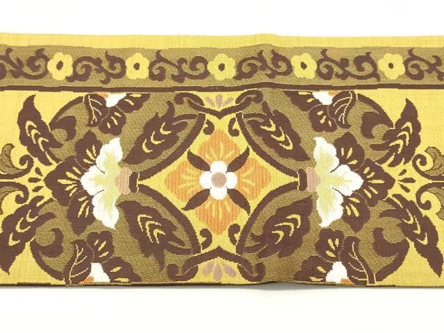 平和屋着物●九寸名古屋帯　更紗花唐草間道　山吹茶色　正絹　逸品　DAAY0081ob 平和屋着物○九寸名古屋帯 更紗花唐草間道 山吹茶色 正絹 逸品