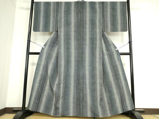 平和屋着物▽上質な紬 単衣 花織 縞 正絹 DAAV5954az