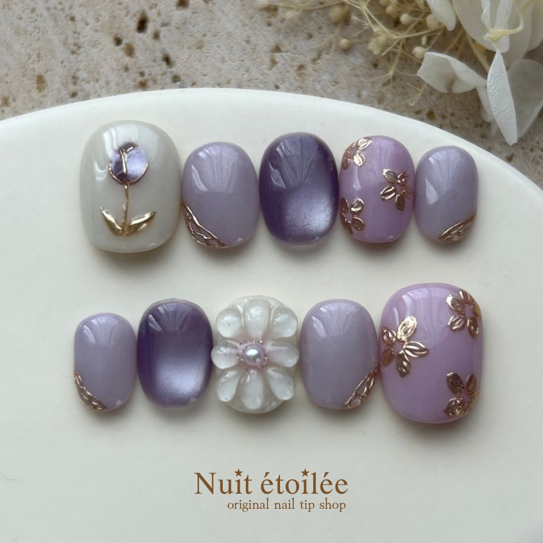 ネイルチップ【No.155】春ネイル チューリップネイル フラワーネイル ぷっくりフラワーネイル マグネットネイル ミラーネイル ちゅるんネイル パープルネイル