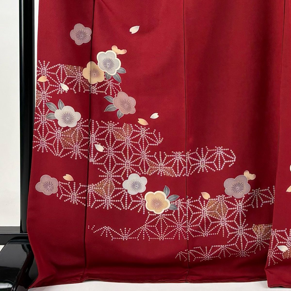 訪問着 身丈174.5cm 裄丈67.5cm L 袷 梅 麻の葉 金彩 赤 正絹 秀品
