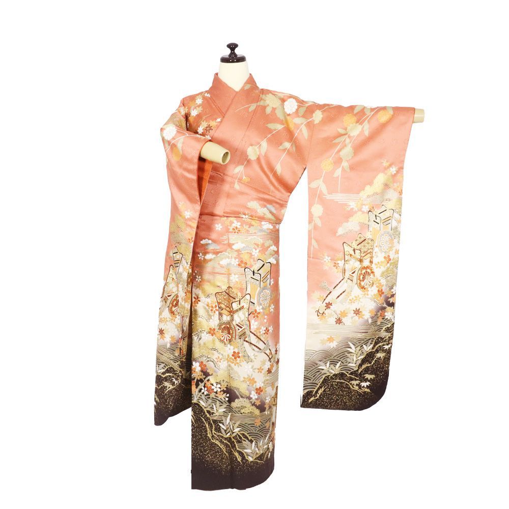 【美品　正絹お振袖　7点フルセット　薄ベージュ　菊花　シンプル系　Ｍサイズ】 美品 正絹お振袖 7点フルセット Sサイズ 白・薄ベージュ （振袖