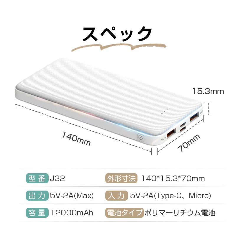 モバイルバッテリー 大容量 12000mAh 小型 急速充電器 残量表示 3台同時充電 携帯充電器 互換性抜群 スマホ充電器  iPhone、iPad、Android各種対応 持ち運び便利 送料無料 PSE認証済 - メルカリ