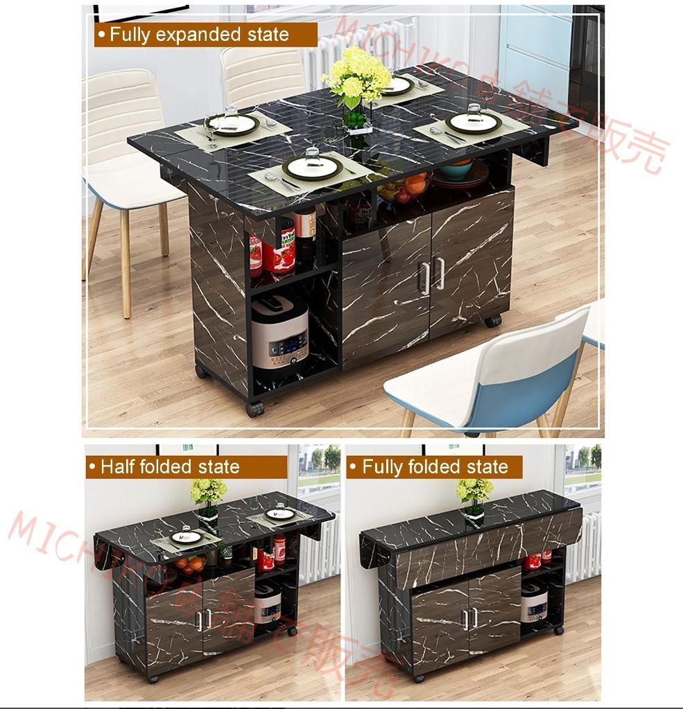 拡張 な折りたたみダイニングテーブル 伸縮ダイニングテーブル ドロップリーフキッチンテーブル 折りたたみ 伸長式 ダイニングテーブル 引き出しと収納棚付き折りたたみダイニングテーブル 6輪によるローリング省スペースダイニングテーブル 3つの形式 省スペース MARWIL-DEMENAGEMENTS_CH