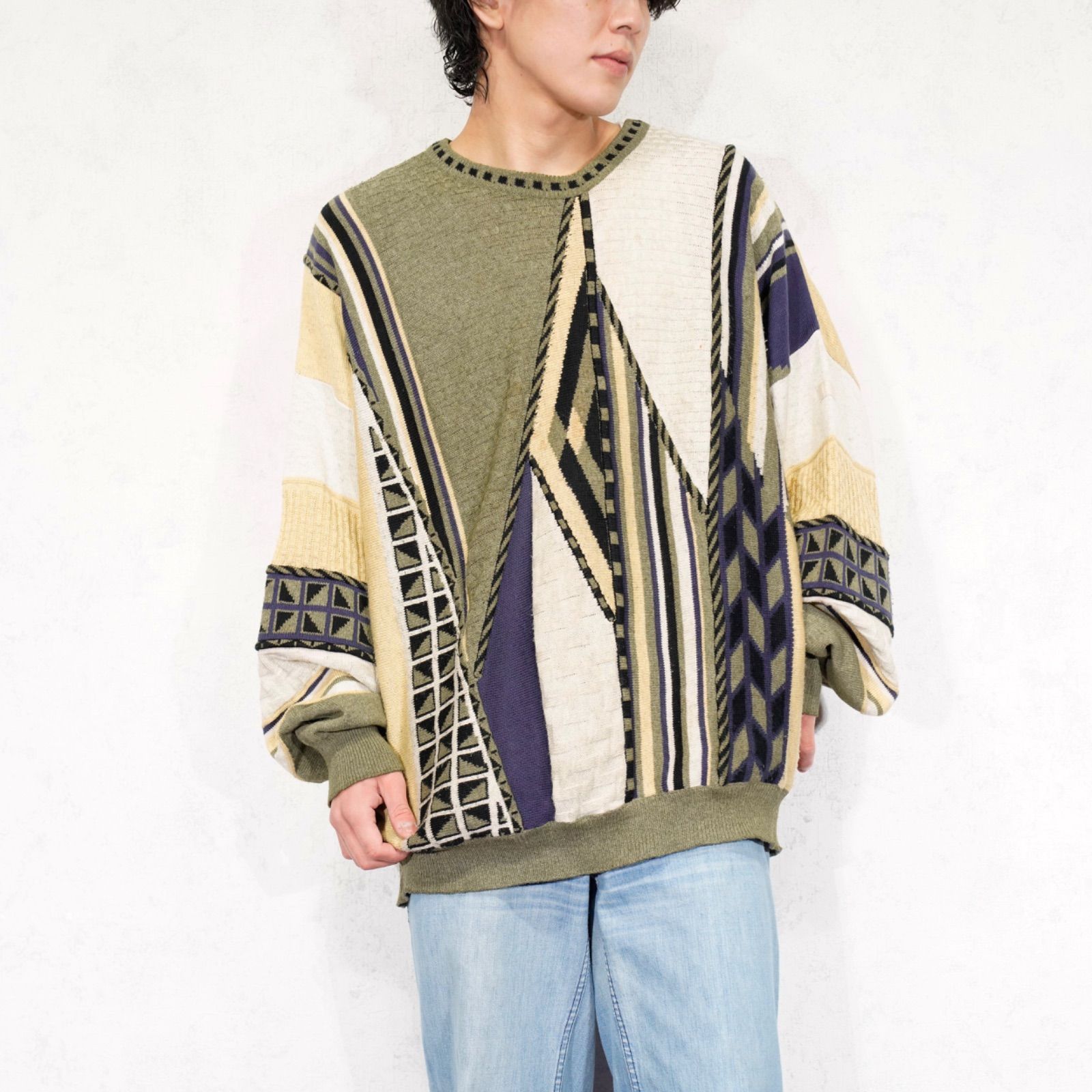 EU VINTAGE BUECKLE PATTERNED DESIGN 3D COTTON KNIT/ヨーロッパ古着柄デザイン3Dコットンニット