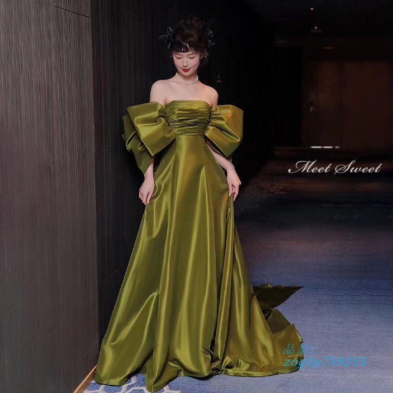 ドレス ロングドレス グリーン オフショルダー Aラインドレス 結婚式 ウエディングドレス 演奏会 イブニングドレス ウェディングドレス 緑 二次会 発表会 zog3y759355