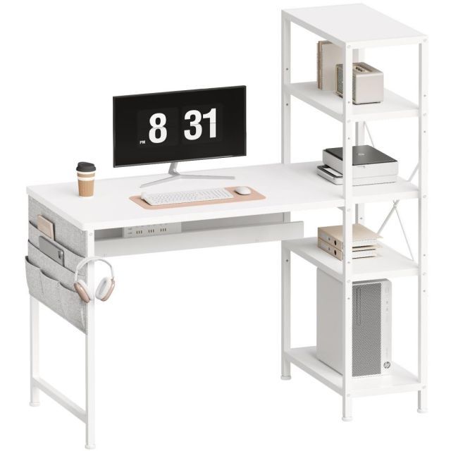 YeTom 勉強机 パソコンデスク 机 ラック付きデスク 幅104cm×奥行48cm ワークデスク オフ ィスデスク 収納袋付き 学習机 左右入替可 可動式棚板 白い