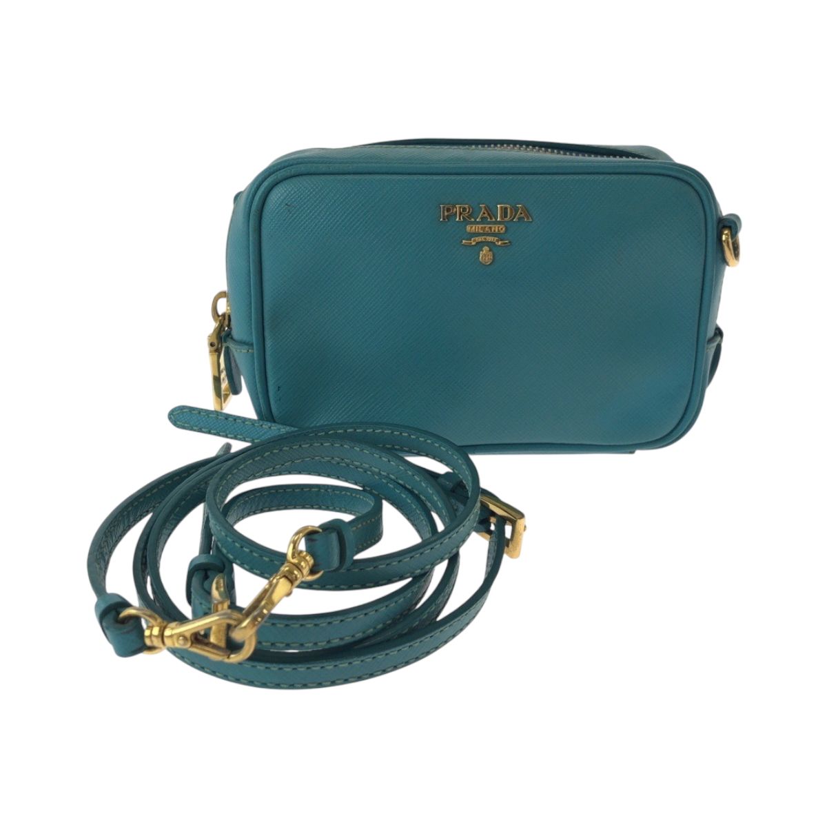 美品 PRADA プラダ サフィアーノ 三角ロゴプレート ブルー 美品 PRADA プラダ サフィアーノ 三角ロゴプレート ブルー