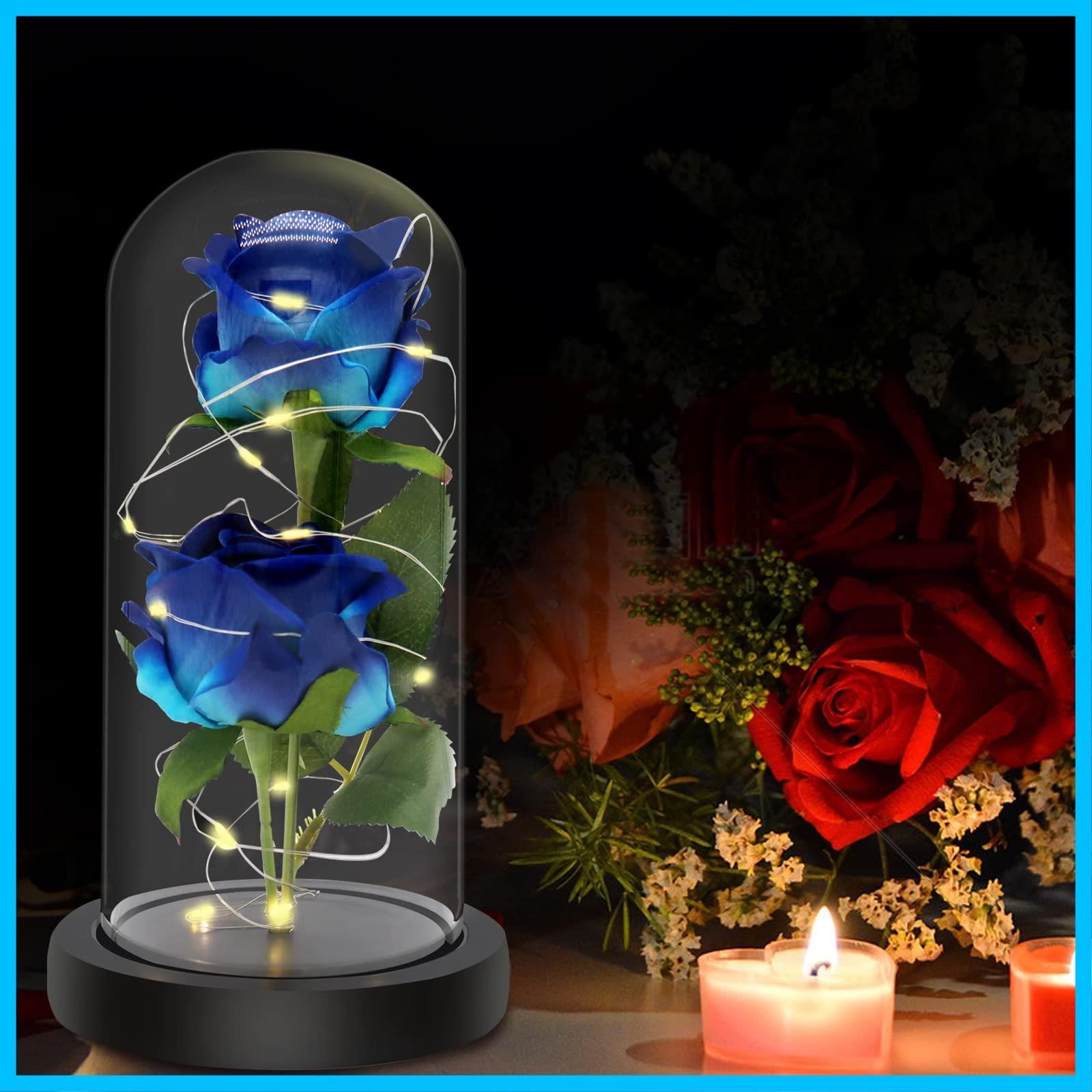 新着商品 新年 クリスマス 退職 結婚記念日 誕生日 お祝い お祝いに適用 母の日 バレンタインデー プレゼントバラ 彼女への贈り物 花束 薔薇 薔薇 二つの花 LEDライト付き電池式 フラワーライト 造花 ブルー 造花 枯れない花 バラ
