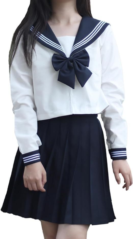 セーラー服 レディース 長袖 シャツ スカート 上下セット 前開き コスプレ JK 制服 コスチューム 白 ネイビー 高校生 VDmR627