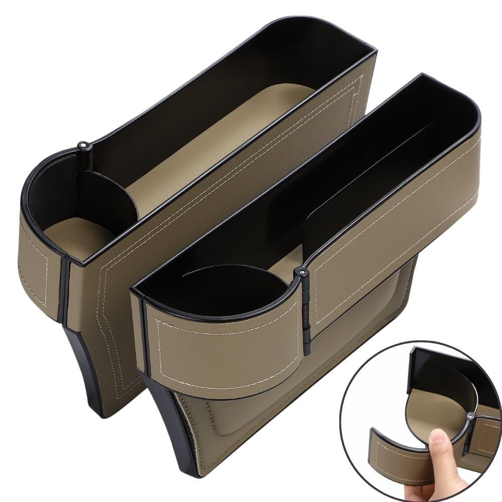 カーシート 隙間収納ボックス サイド収納 レザー 左右2個セット ドリンクホルダー付き 小物入れ 外付コンソールボックス カップホルダーサイズ調整可能 (ベージュ) [ベージュ]
