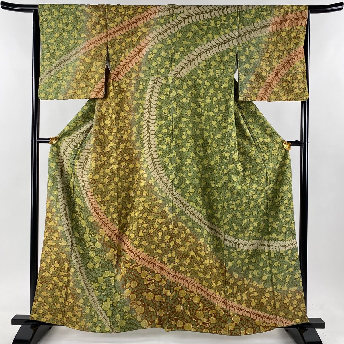 訪問着 身丈160cm 裄丈64.5cm M 袷 藤 桜 絞り 金通し 緑 正絹 名品  