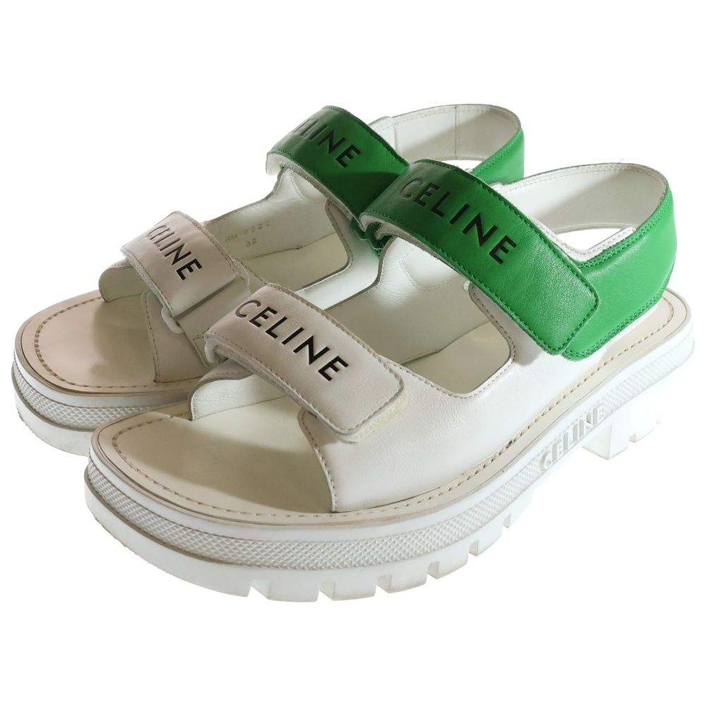 CELINE セリーヌ レオ ベルクロストラップ レザースポーツサンダル レディース ホワイト グリーン