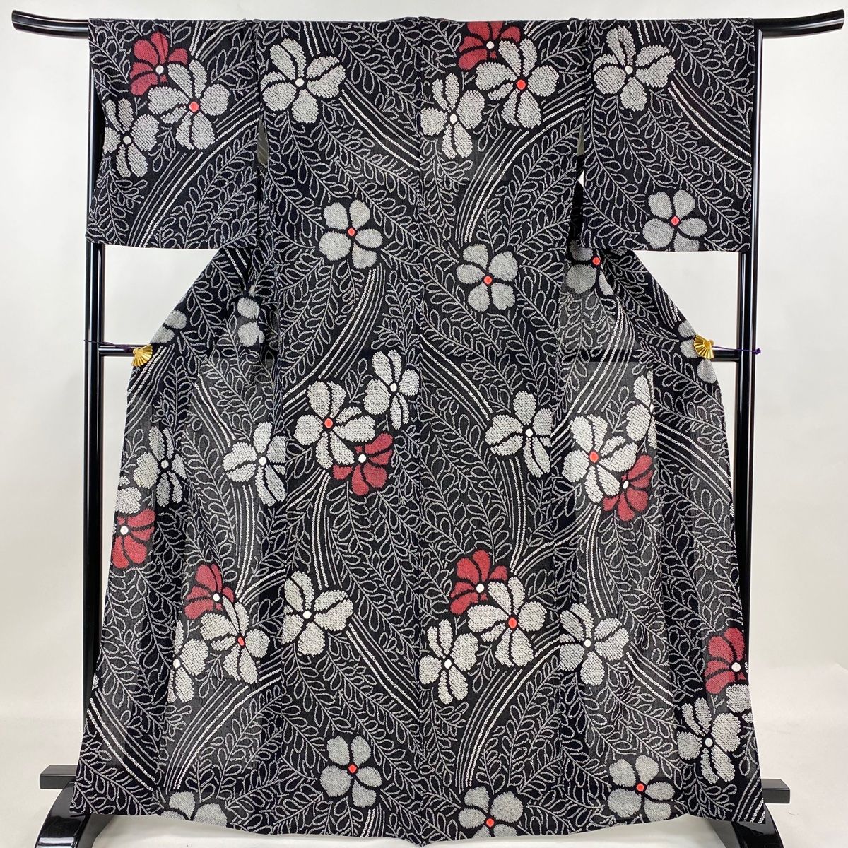 浴衣 身丈165cm 裄丈67.5cm L 絞り浴衣 花 葉柄 黒 綿 名品