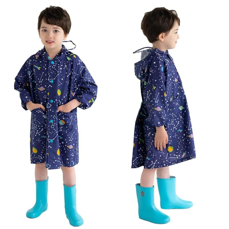 [ＺＡＩＤＥＡ] レインコート キッズ 雨具 レインウエア カッパ ランドセル対応 男の子 女の子 子供 通園 通学 収納バッグ付き 撥水 軽量 (ネイビー・コスモ， 110)