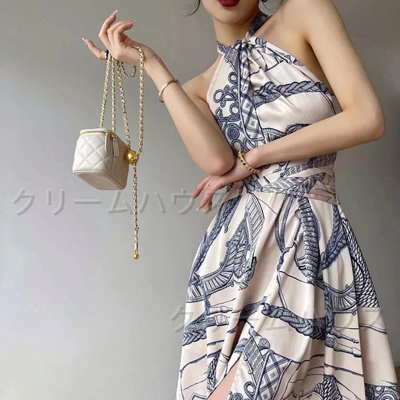 ワンピース ホルターネック 総柄 エレガント スリット 夏 新品・未使用】ホルターネック 総柄 ワンピース エレガント