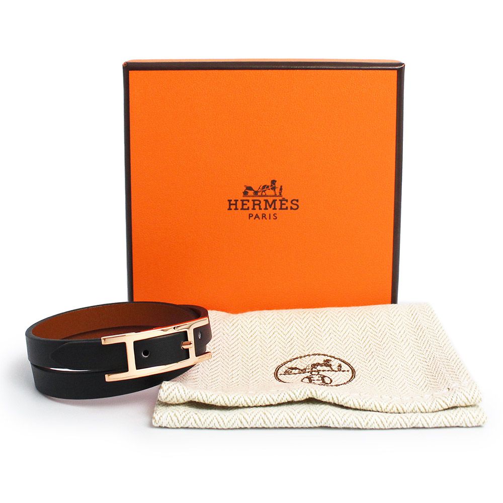 エルメス ビーアピ ドゥブルトゥール リバーシブル 2連 ブレスレット ＃T2 ヴォーシャモニー ヴォータデラクト レザー ノワール フォーヴ ブラック ブラウン ピンクゴールド金具 HERMES