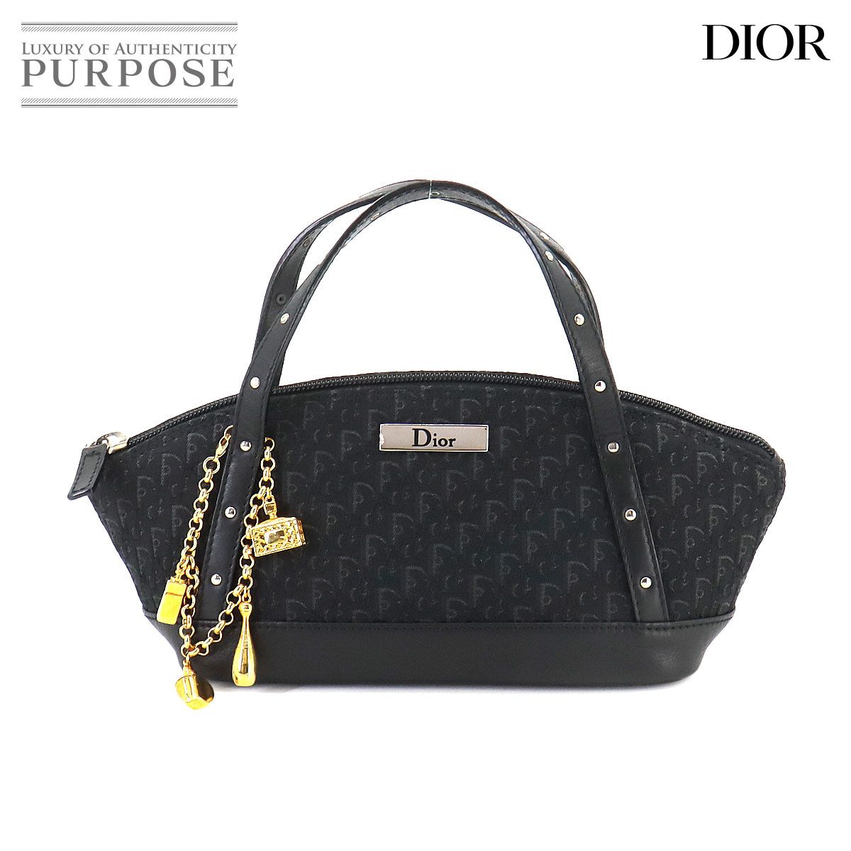 新品同様 クリスチャン ディオール Christian Dior ストリートシック トロッター ミニ ハンド バッグ キャンバス レザー ブラック 90249755