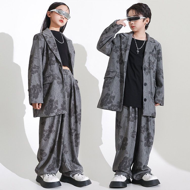 ダンス用レッスンウェア グレー系花柄セットアップ 上品 花柄 キッズ ダンス衣装 スーツ セットアップ グレー