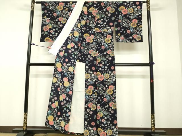 平和屋着物▽上質な小紋 単衣 型染 草花文 鬼しぼ縮緬 正絹 逸品  