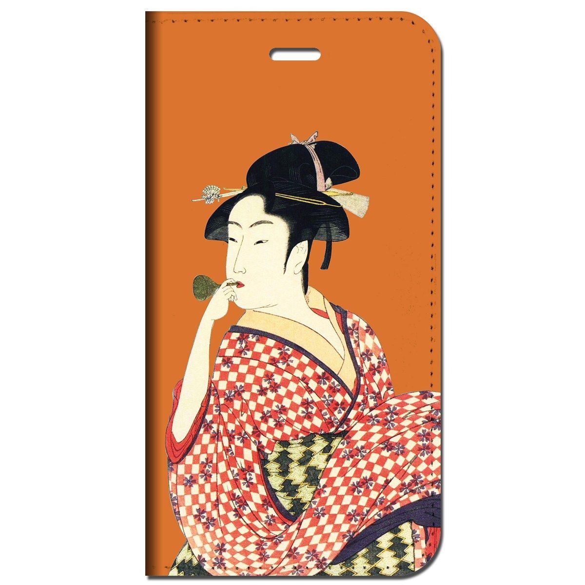 iPhone13  他 手帳型 ケース ビードロを吹く町娘-橙色  iPhone SE 8 13 12 他 iPhone各機種対応可能 スマホケース  c4