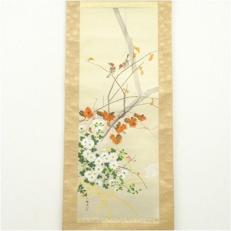 一畝筆 花鳥図 肉筆絹本掛軸（箱付） 掛け軸 床の間 書 おしゃれ 絵画