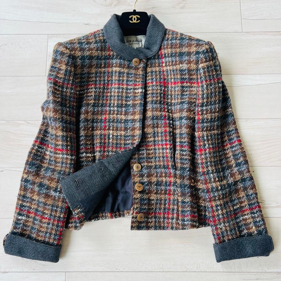 ジュンアシダ チェックツイードジャケット 木製ボタン リバーコート
