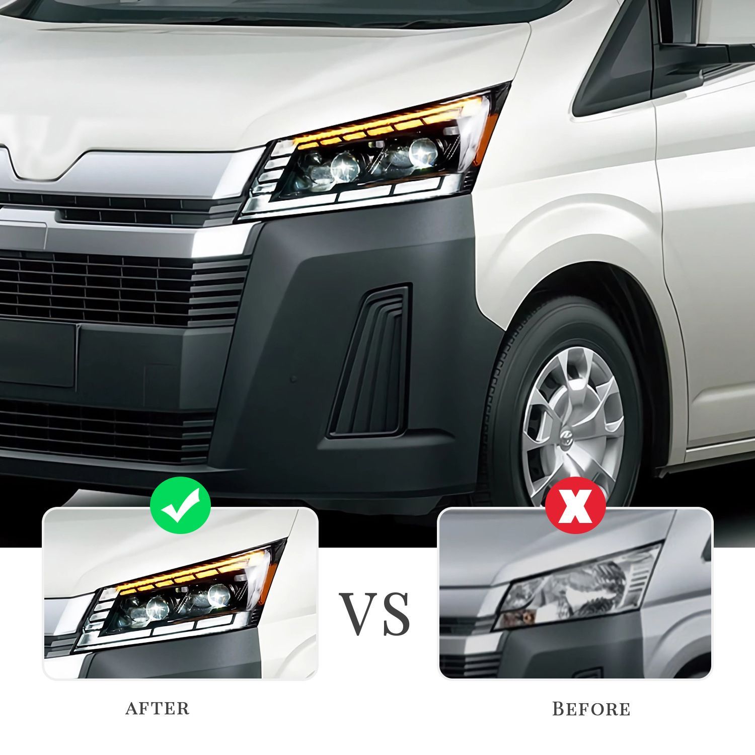 トヨタ ハイエース 19-22年モデル 用 ダブルレンズ流れるウインカーLEDヘッドライトユニット