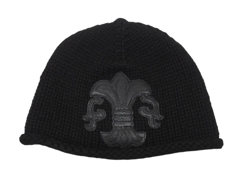 CHROME HEARTS クロムハーツ BSフ レザーパッチ ニットキャップ BSフ ボタン ビーニー カシミヤ ブラック ONE SIZE 4b007395
