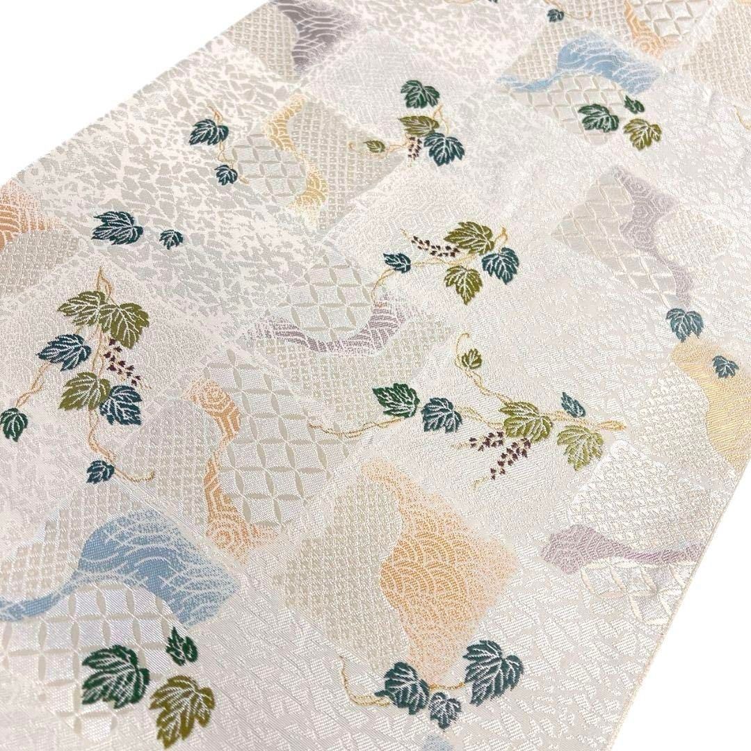 作家もの 袋帯 白地 市松模様 葡萄模様 七宝 鹿の子 着物 052a p