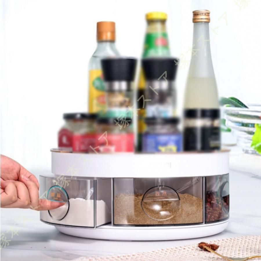調味料ラック回転式 360 プラスチック 調味料入れ収納 浴室 キッチンラック 多目的棚 卓上回転トレー 2層 引き出し付き 6格 分格収納 丸型 収納具 果物