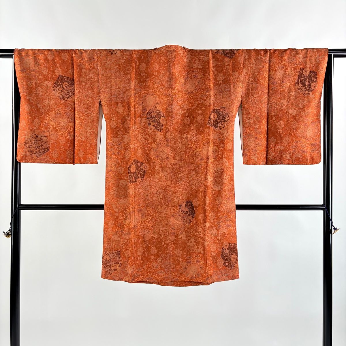 道行 身丈98cm 裄丈66cm M 和装コート 角衿 草花 地紋 オレンジ 正絹 秀品