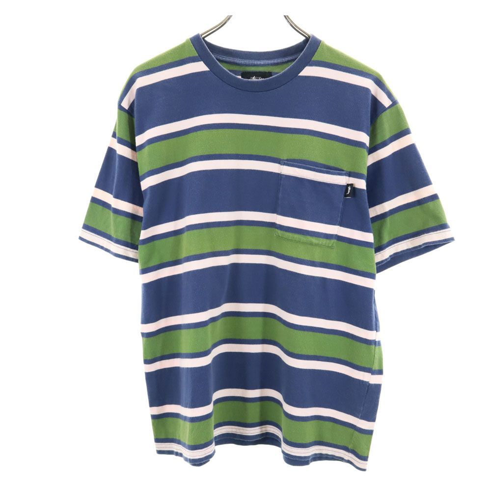 ステューシー ボーダー 半袖 Tシャツ M ブルー系 STUSSY ポケT メンズ 古着 【240408】 メール便可