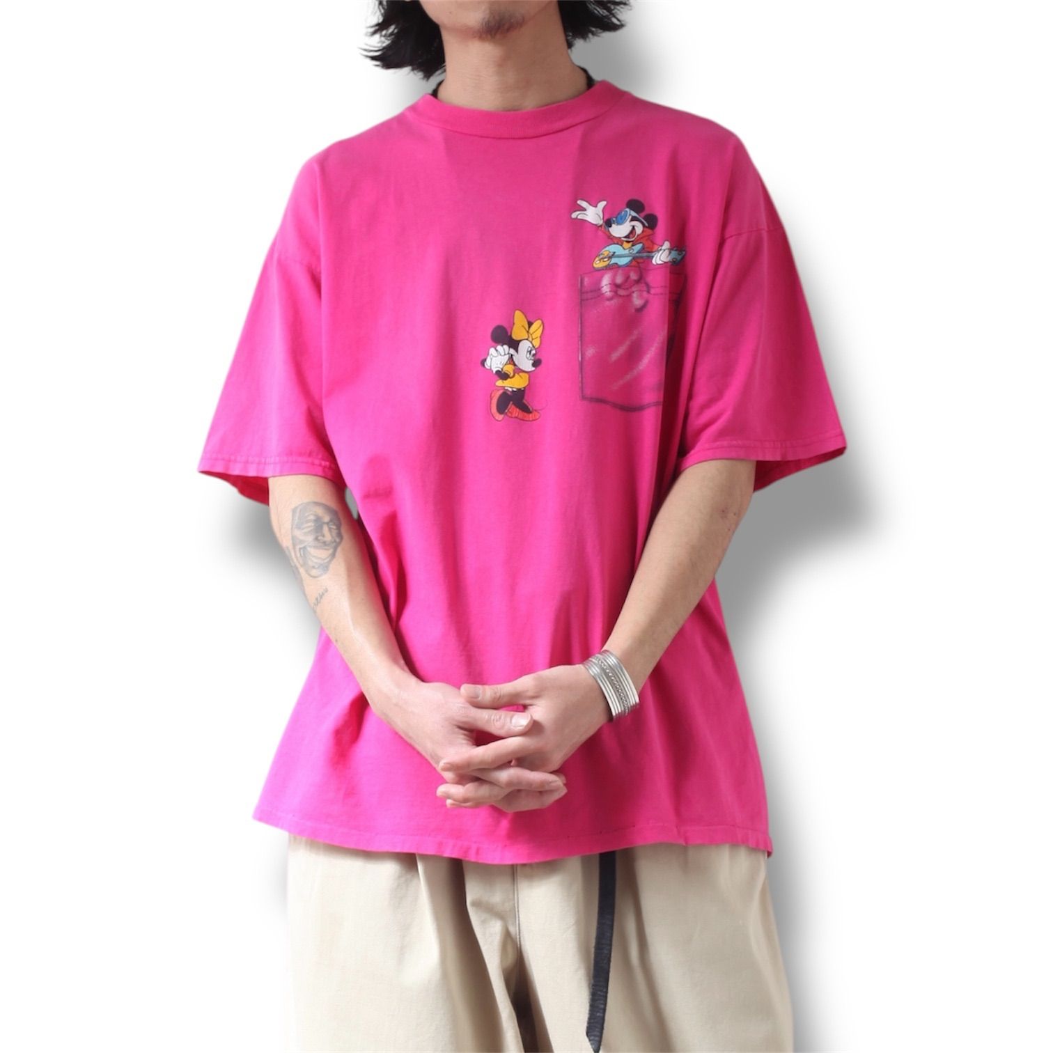 古着 90s ディズニー ミッキー ミニー Tシャツ ピンク XL 当時物 
