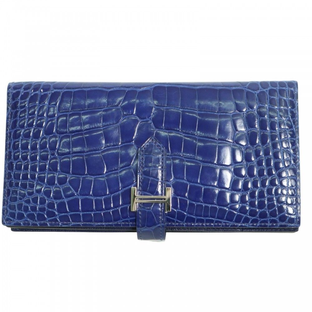 エルメス 長財布 ユニセックス ベアンスフレ 二つ折り ロングウォレット 本革 メンズ レディース HERMES □O アリゲーター ブルー 青 シルバー金具 2011年