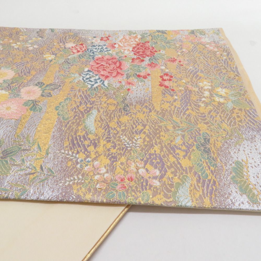 袋帯 流水に牡丹と花文様 正絹 銀色 金糸 六通柄 正絹 フォーマル