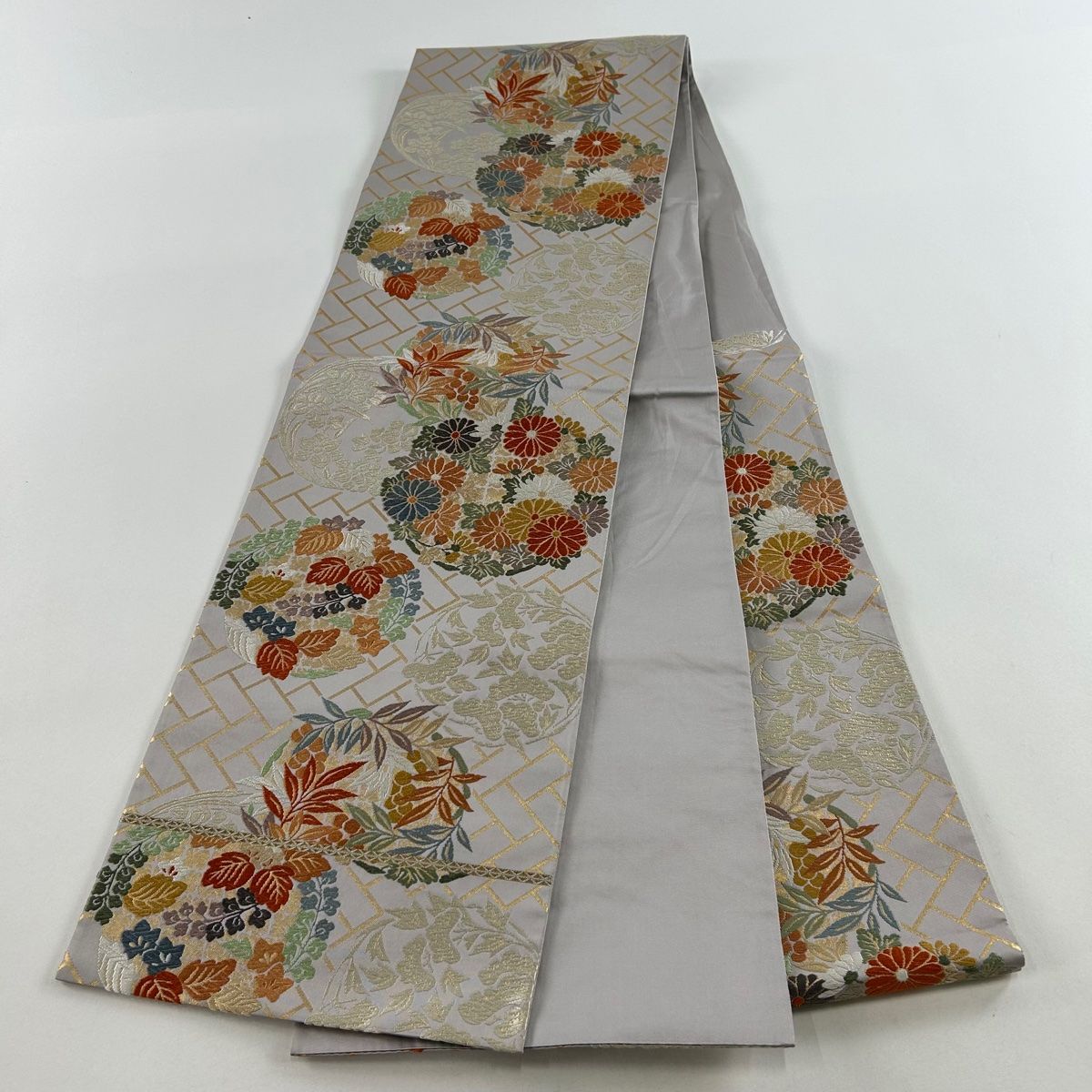 袋帯 秀品 花丸文 波 唐織 金糸 赤紫 六通 正絹 【中古】 袋帯 美