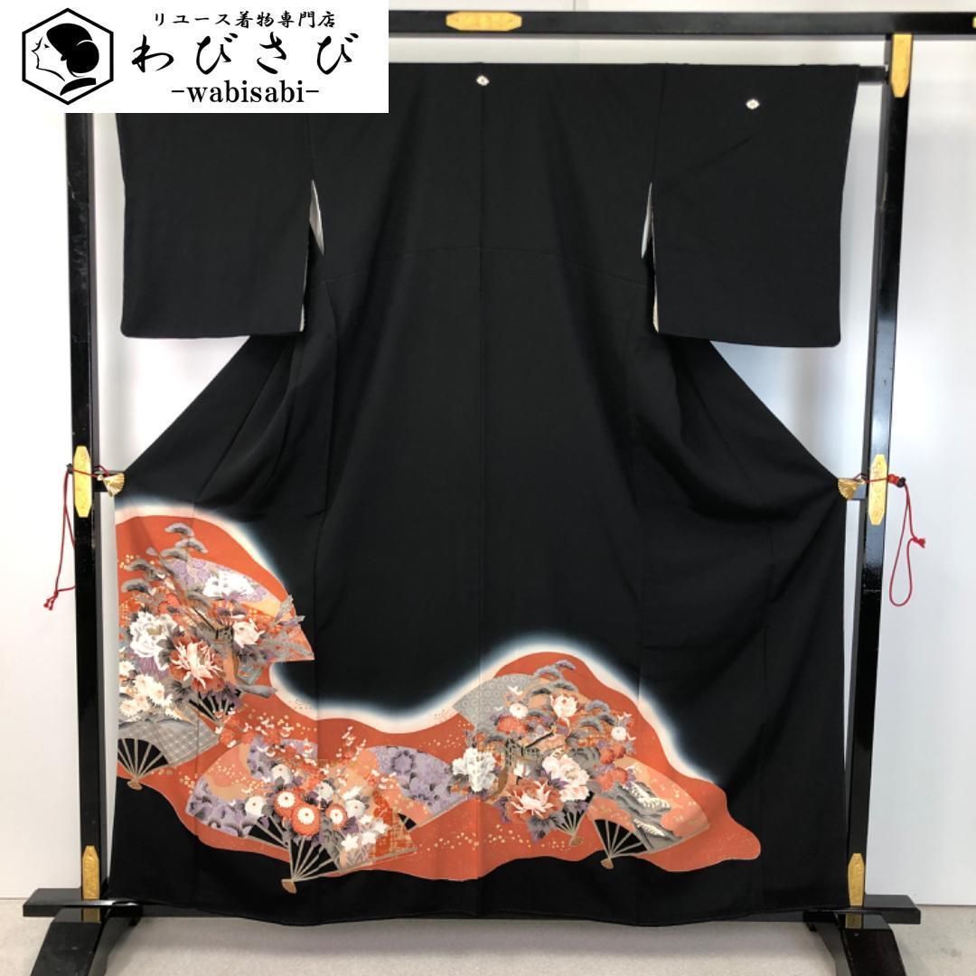 黒留袖 扇子に美しい花模様 七宝 花亀甲 金彩 K-4890 黒留袖 扇子に美しい花模様 七宝 花亀甲 金彩 K-4890 - メルカリ