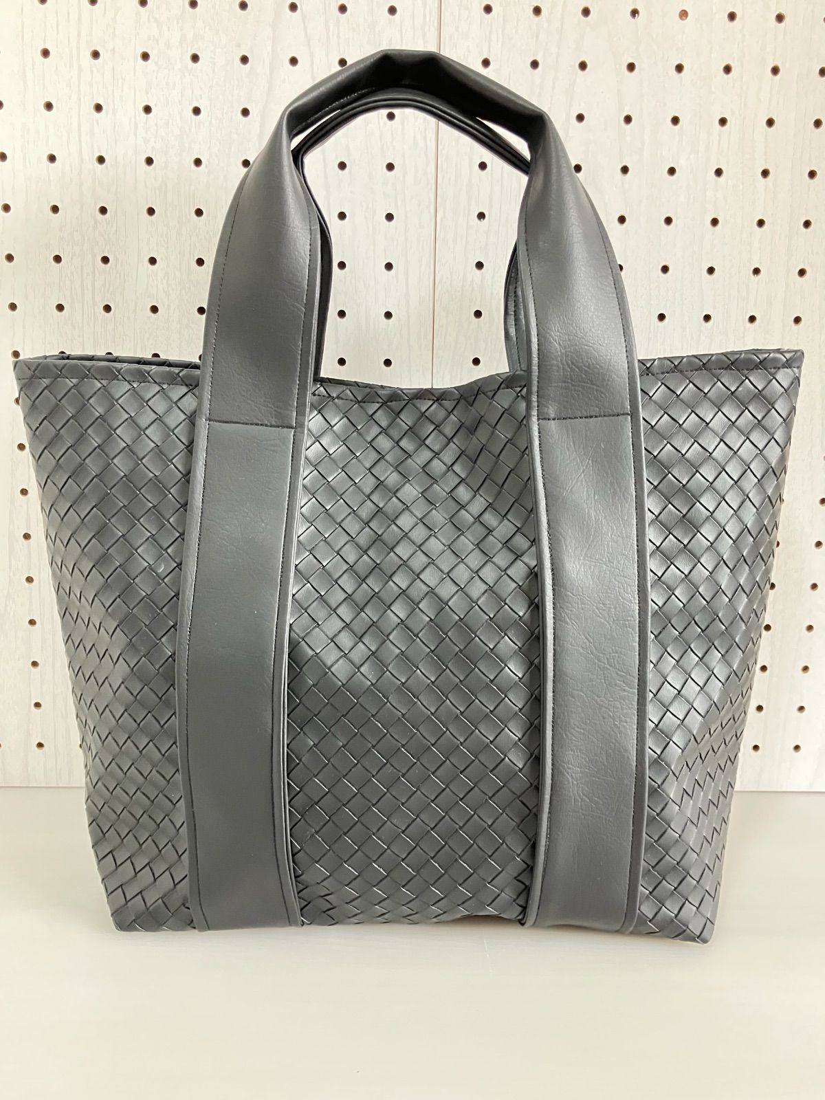 ハンドメイド＊トートバッグ フェイクレザー編み込み 内側黒レース 