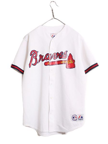 なクーポン配布中! MLB オフィシャル Majestic ブレーブス ベースボール シャツ メンズ L 程 古着 ユニフォーム メジャーリーグ ゲームシャツ 半袖シャツ 野球