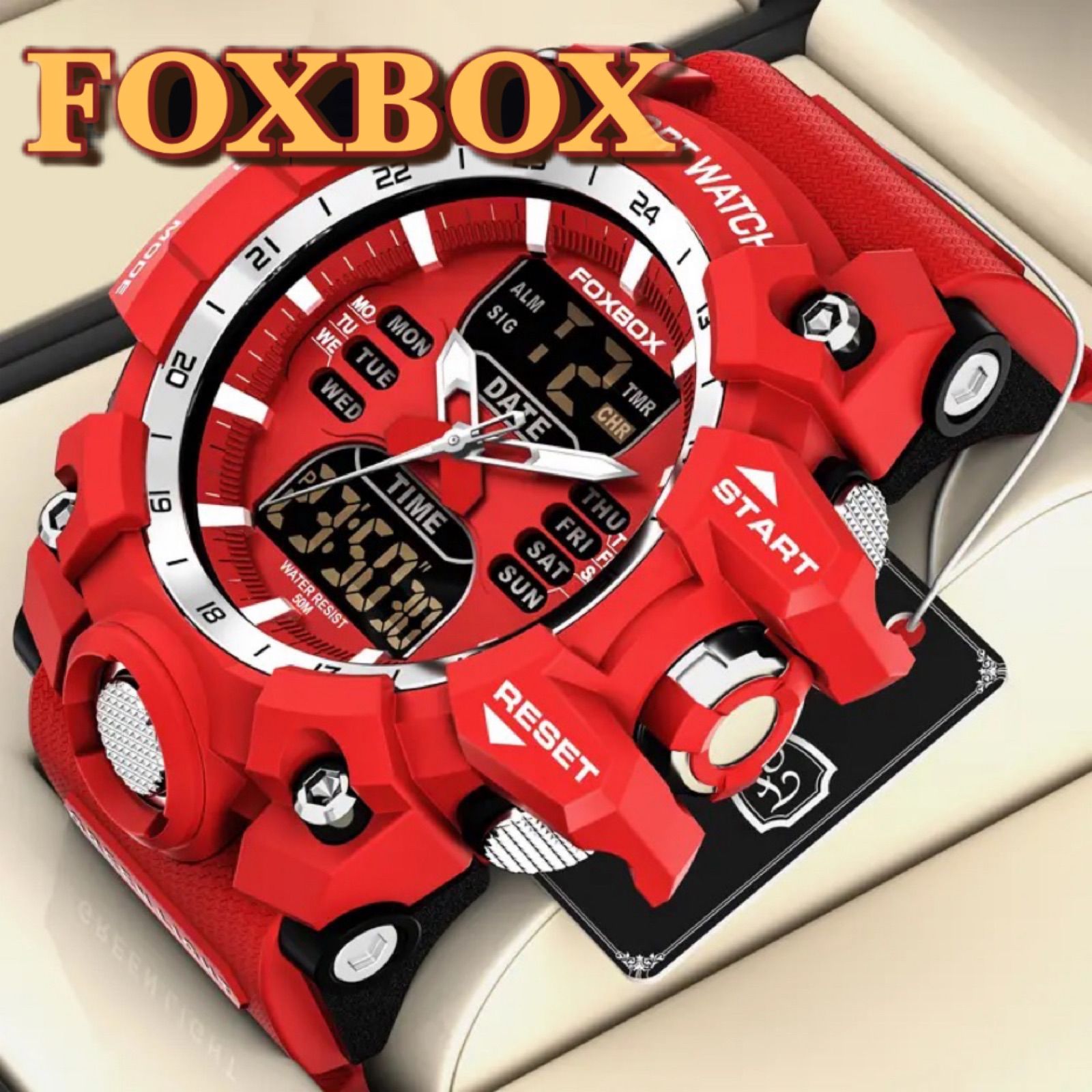 新品 FOXBOX フルレッドデュアルウォッチ 50m防水 メンズ腕時計 シリコンラバーストラップ