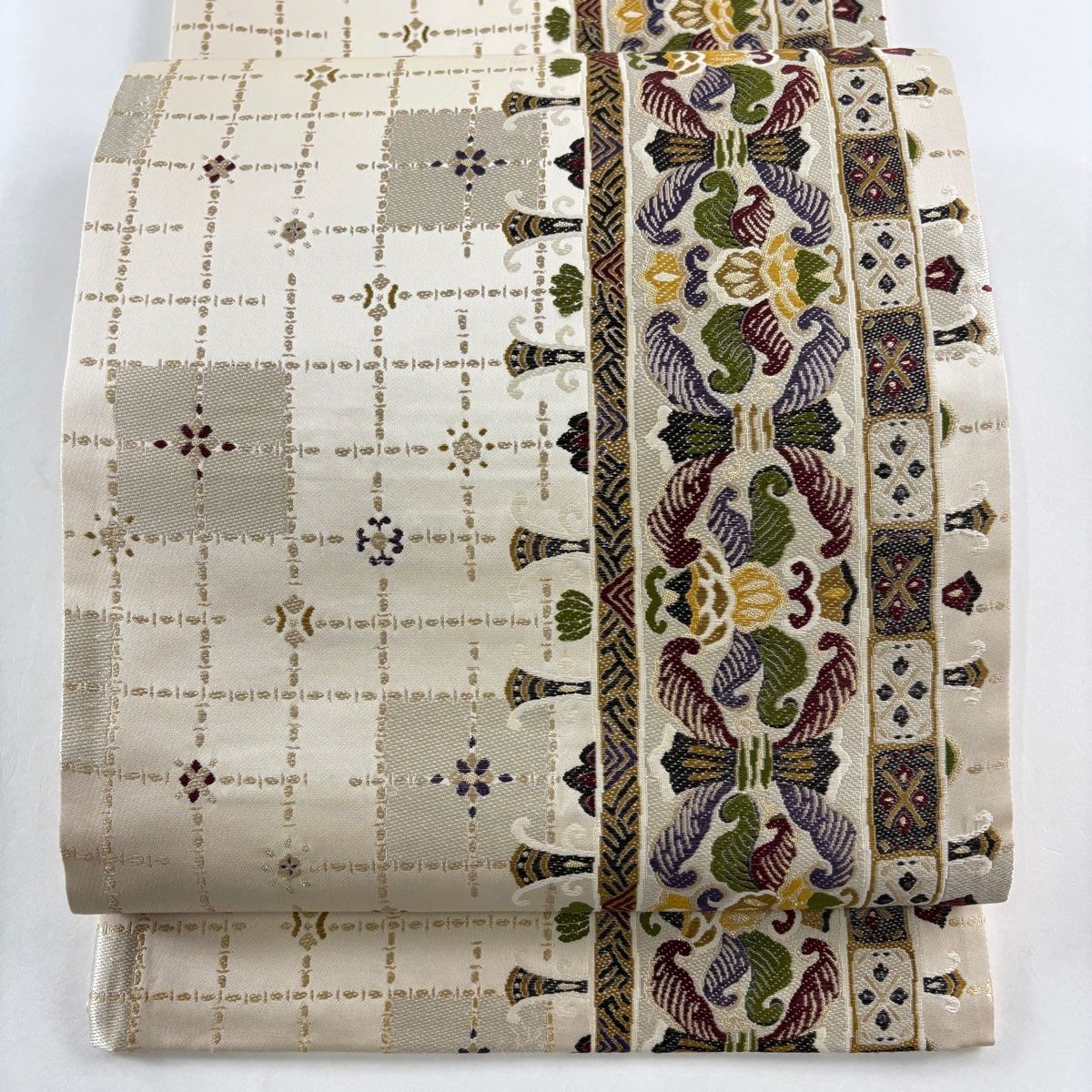 袋帯 名品 織全九蔵文様 金糸 ベージュ 六通 正絹 【中古
