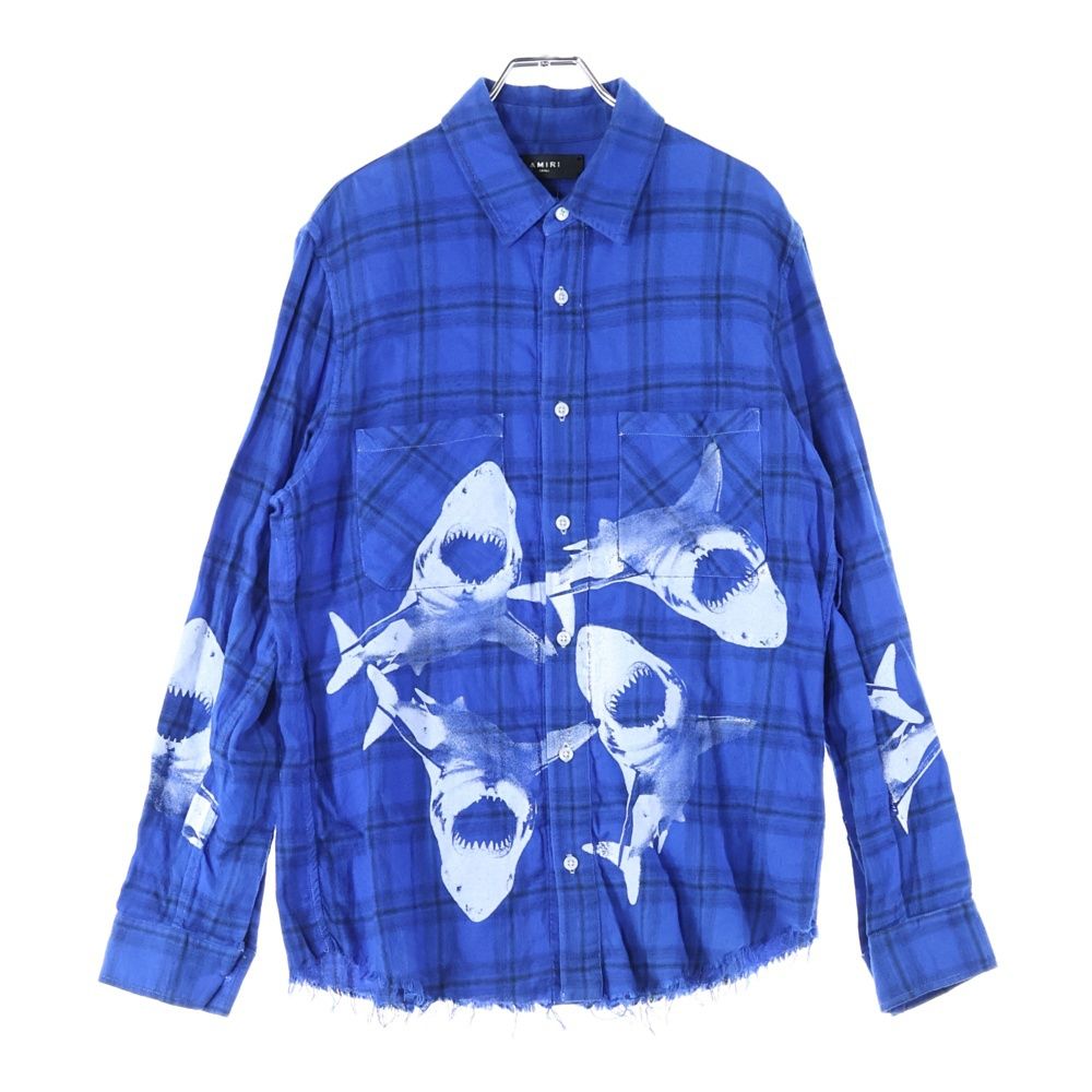 AMIRI アミリ Shark Paint Check Shirt シャークペイント 長袖チェックシャツ ネルシャツ ブルー MWLSB-SKF