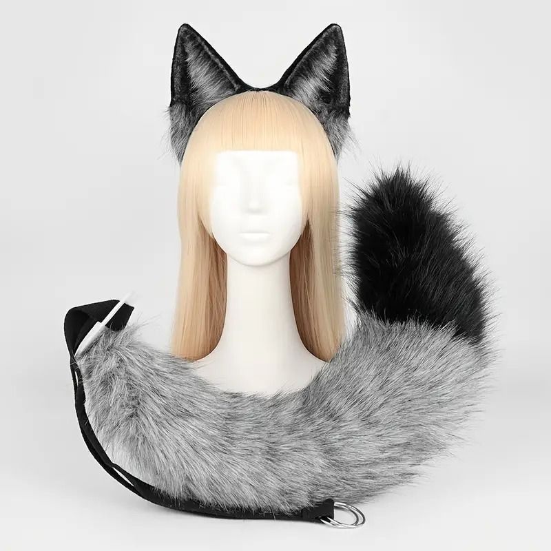 猫耳 ヘッドバンド テール ハロウィン ハロウィーン 仮装 パーティー 愛らしい ふわふわ コスプレ 猫 アートグレーブラック フェイクファー コスチューム 撮影