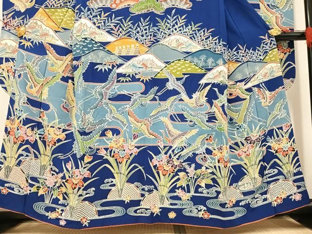 平和屋着物○豪華振袖 型染め 群鶴風景草花文 小田急百貨店扱い
