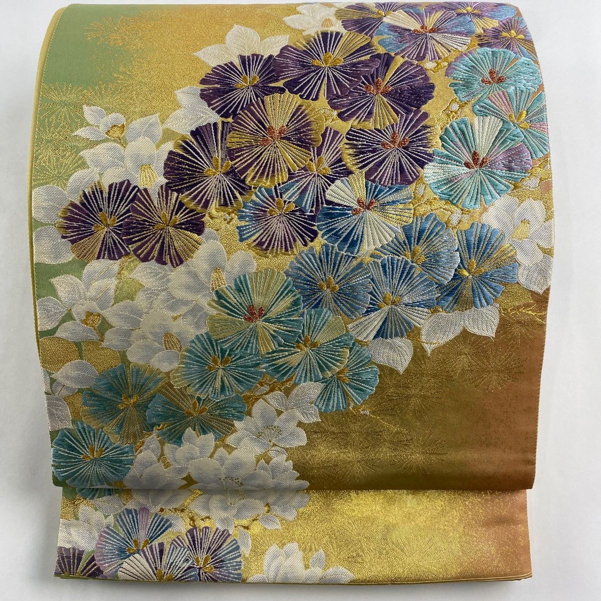 名古屋帯 美品 秀品 変わり市松 宝尽くし 金糸 薄茶色 正絹 【中古 