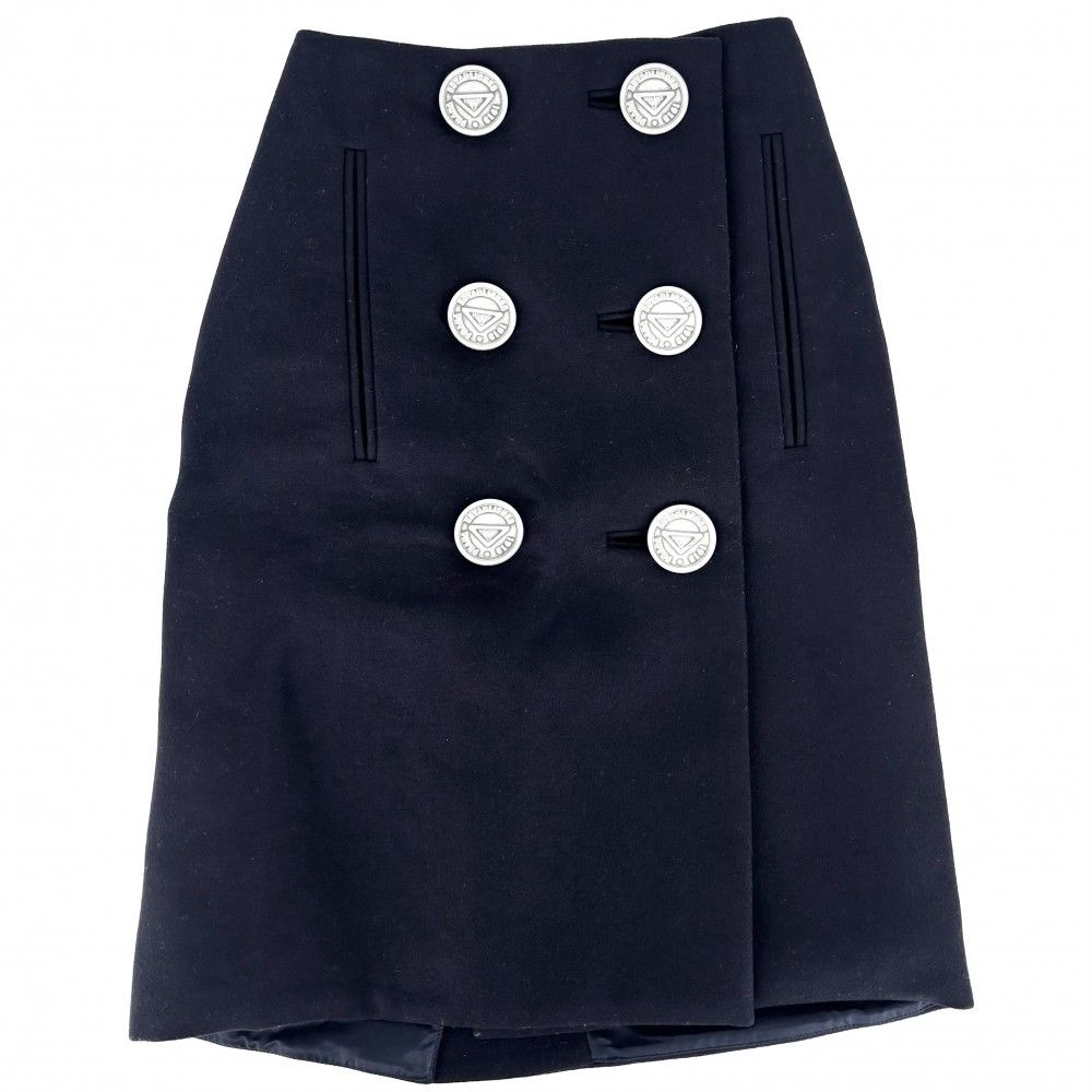 プラダ スカート レディース トライアングルロゴボタン ラップスカート ボトムス 服 アパレル PRADA 38 ネイビー 紺 アンティークシルバー金具 ウール 秋 冬 品