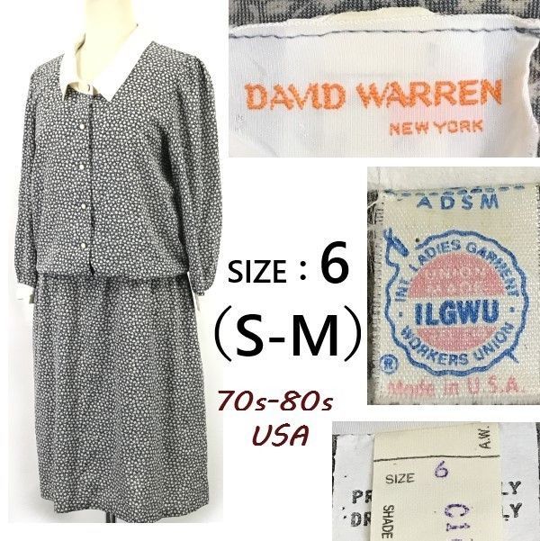 70s-80s| |Vintage DAVID WARREN ADSM |ILGWUタグ|長袖ワンピース|ひざ丈 USA6|S-M程度|ネイビー系 Tops|Shirt|Dress◆SBH893<sale>